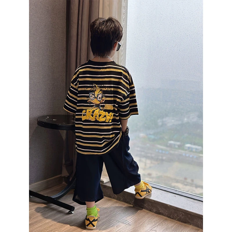 男童2025夏季新款潮流洋气黄色条纹卡通印花圆领短袖上衣休闲中裤