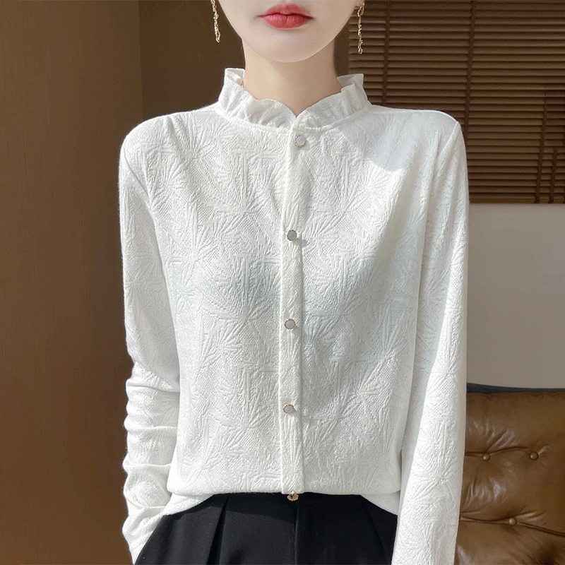 法式优雅气质木耳边衬衫女精纺针织提花打底衫女外穿宽松百搭套头