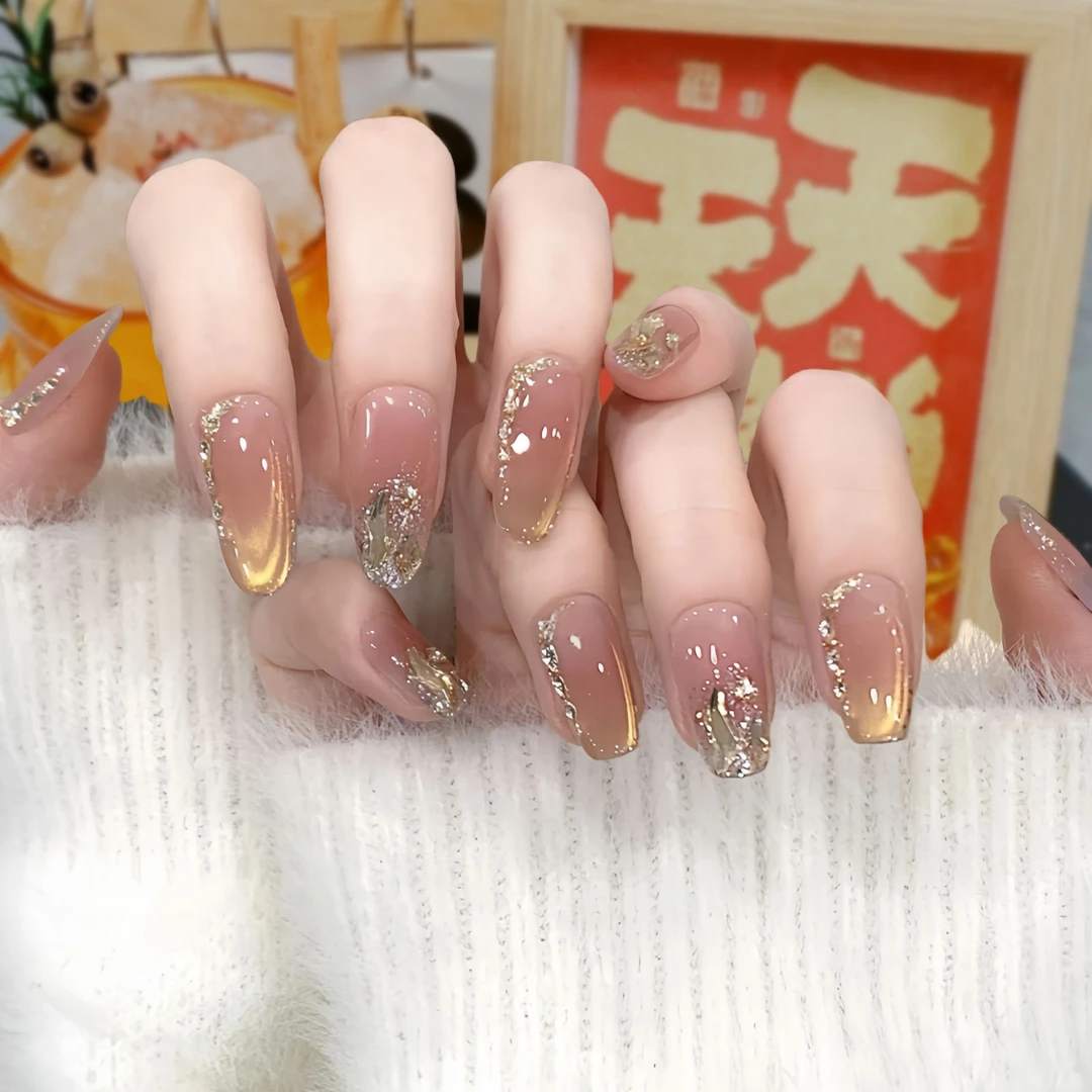 现货【落日熔金】纯手工穿戴甲拆卸纯欲ins风新款猫眼美甲穿戴甲片