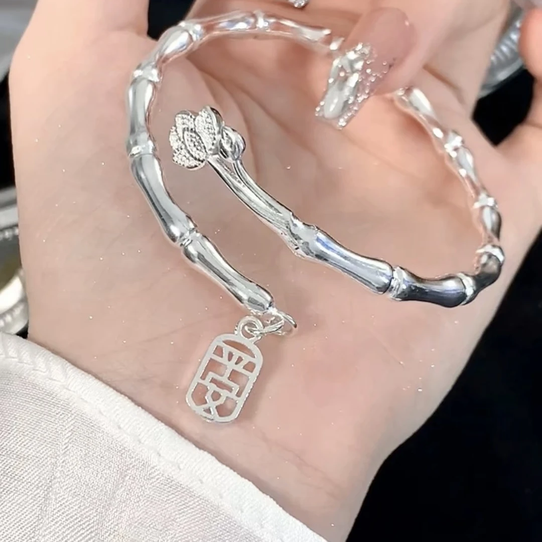 足银手镯 足银手镯 22号 莲花竹节开口实心足银手镯