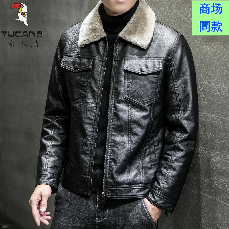 啄木鸟皮毛一体男士皮衣男加绒加厚翻领皮夹克冬季外套韩版机车服