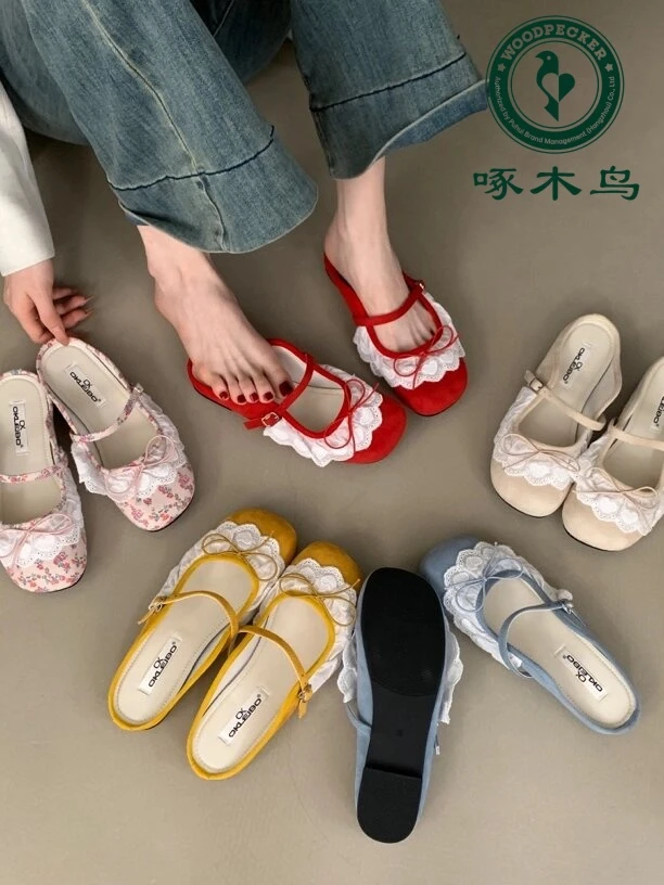 啄木鸟2025年新款甜美法式芭蕾风春夏蕾丝花边少女蝴蝶结平底半拖