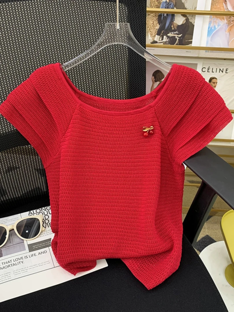 2025新款夏季超好看法式修身薄款小香风红色短袖针织T恤短款上衣