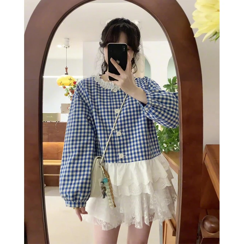 设计感小众荷叶边拼接格子衬衫女2025春季新款韩版时尚小个子上衣