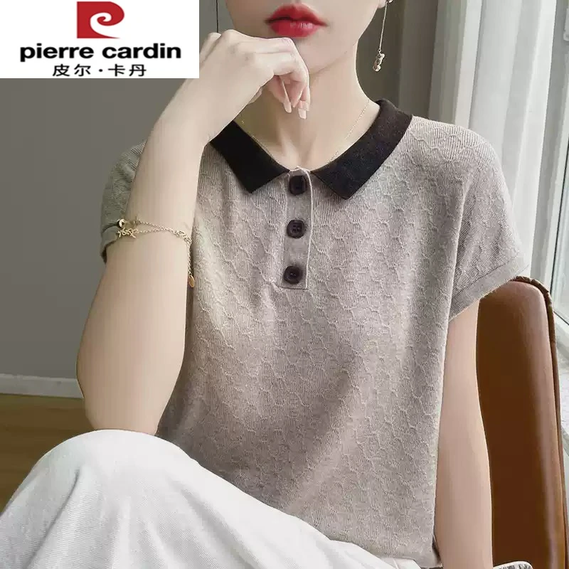 皮尔卡丹短袖t恤女新款翻领宽松拼接大码女装夏季薄款冰丝针织衫