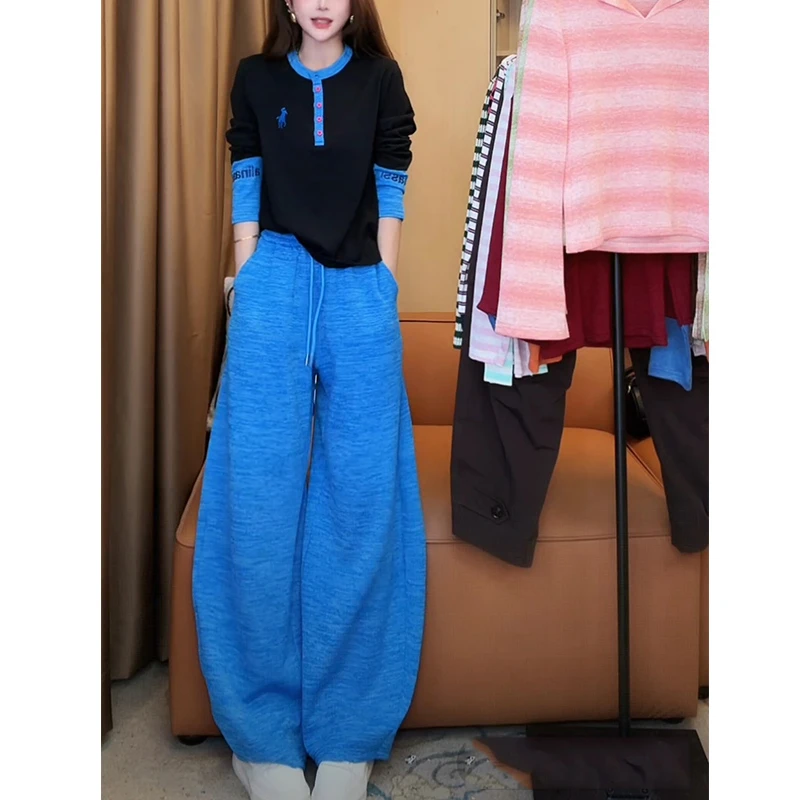 早秋休闲时尚一整套女2025新款刺绣半开领长袖T恤高腰阔腿裤套装