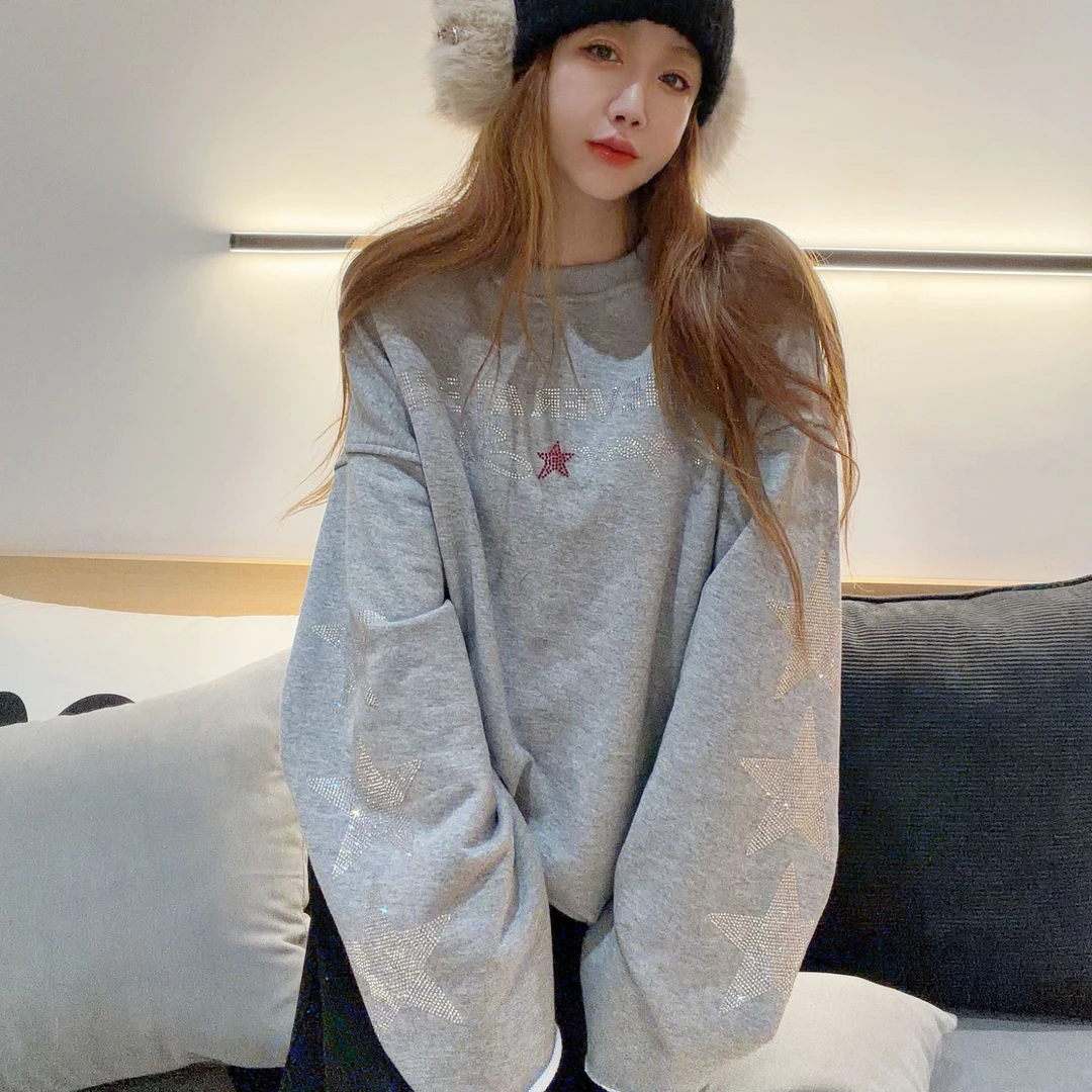 星星长袖烫钻美式慵懒圈圈棉卫衣秋季ins韩版卫衣314