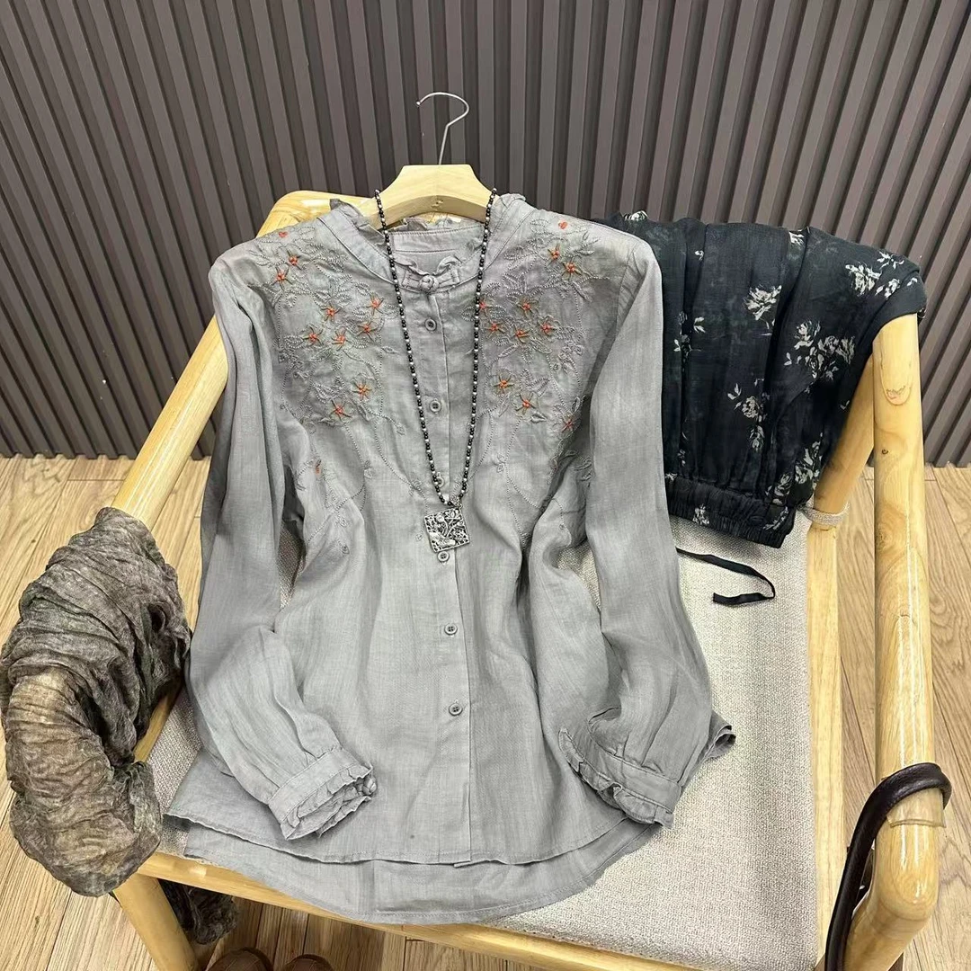 刺绣木耳领苎麻衬衫复古文艺中式绣花百搭宽松上衣女C8572-1