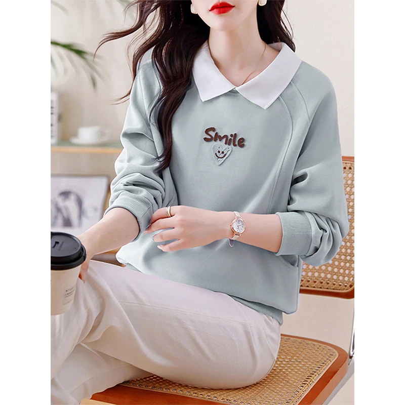 polo衫翻领刺绣长袖卫衣女2025春秋季新款洋气减龄休闲小个子上衣