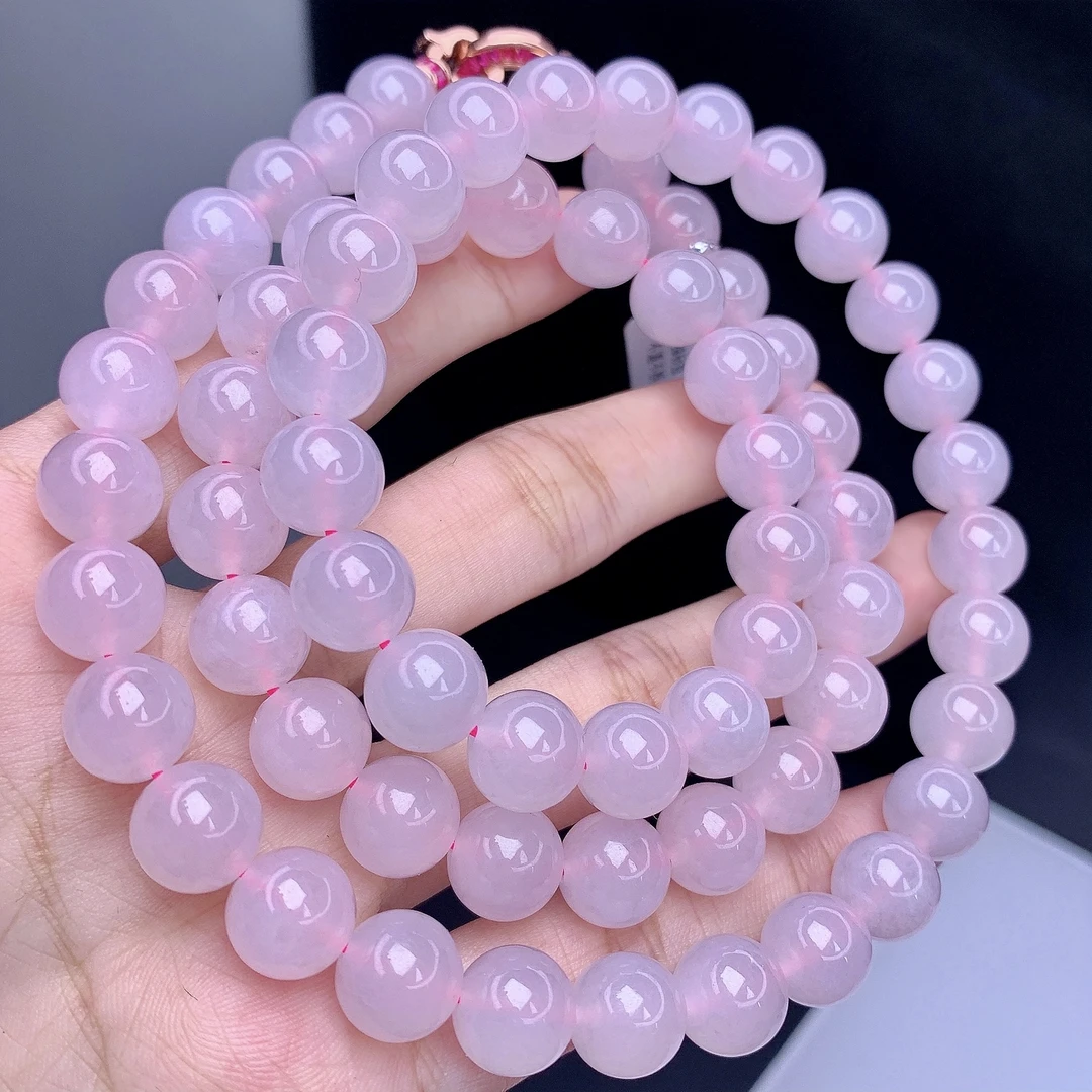 四会 缅甸A货翡翠起冰起胶藕粉色圆珠项链珠链T/10.1mm/680mm