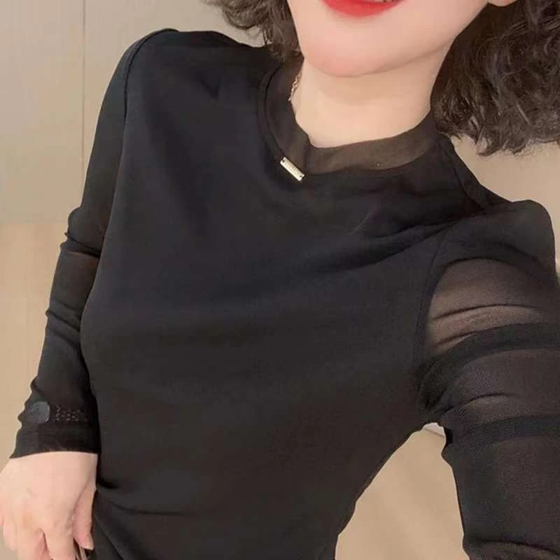 长袖T恤网纱上衣2025春秋季新款女士时尚百搭圆领显瘦巨好看小衫