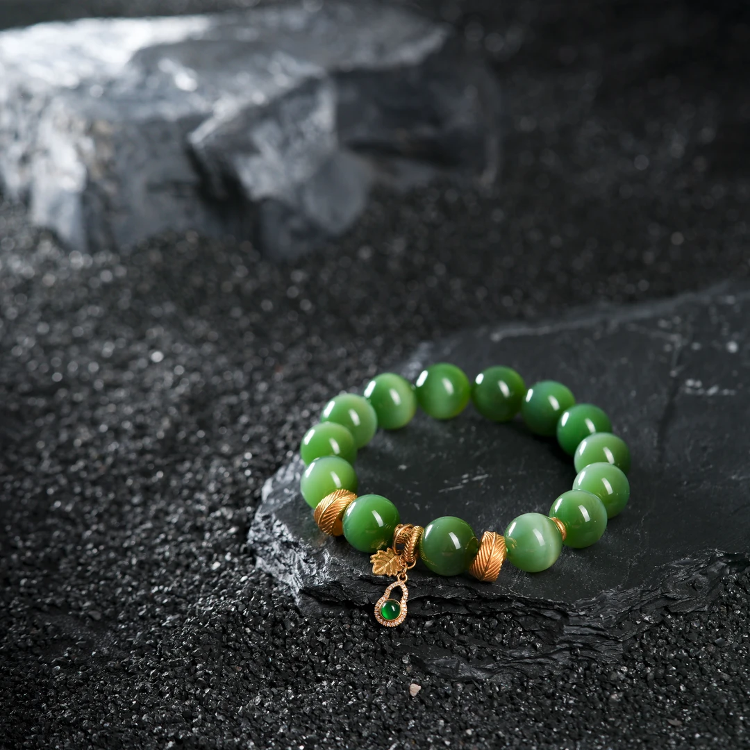 『博姐』·风铃丨和田玉冰绿猫眼18K金传世级百搭手串约12mm*S6804