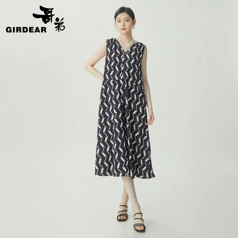 哥弟 松弛感V领无袖洋装1500513长款连衣裙