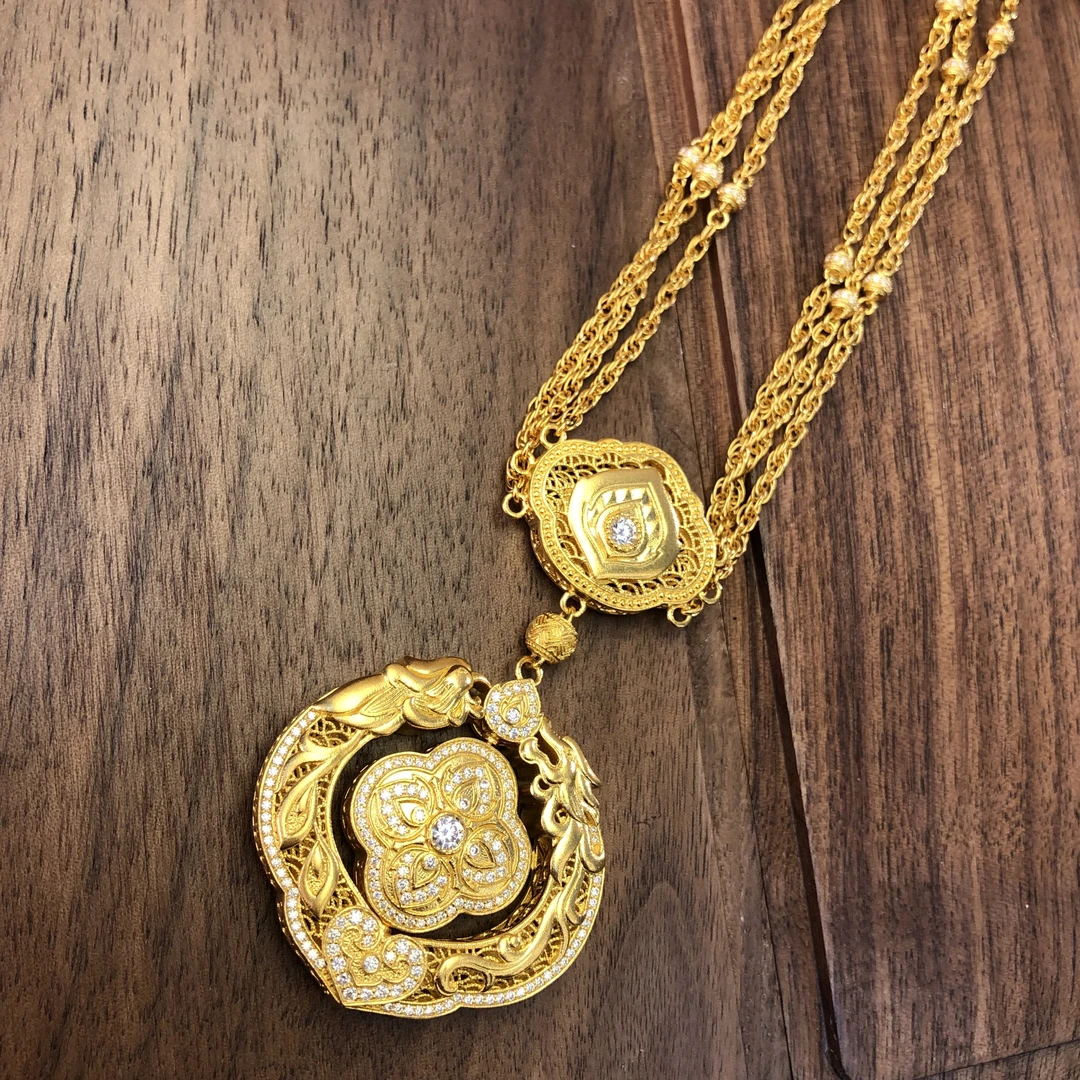 黄金足金999古法点钻镶嵌人生四美如意花丝龙凤呈祥吊坠套链