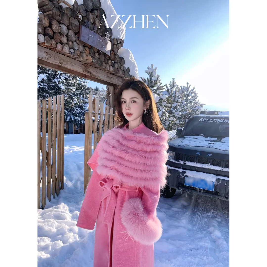 AZZHEN【粉黛千金】羊驼拼绵羊毛氛围感肌理毛披肩围脖大衣外套
