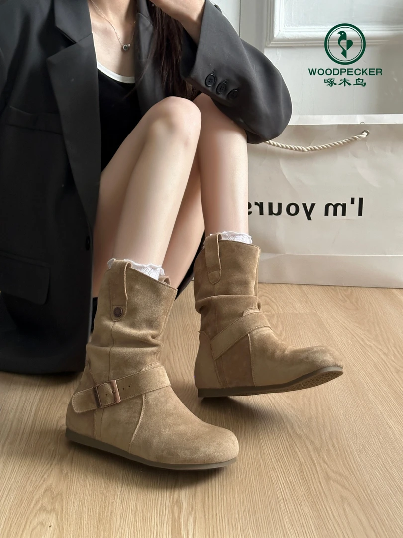 啄木鸟复古内增高勃肯小短靴女2025新款秋季复古西部牛仔靴堆堆靴