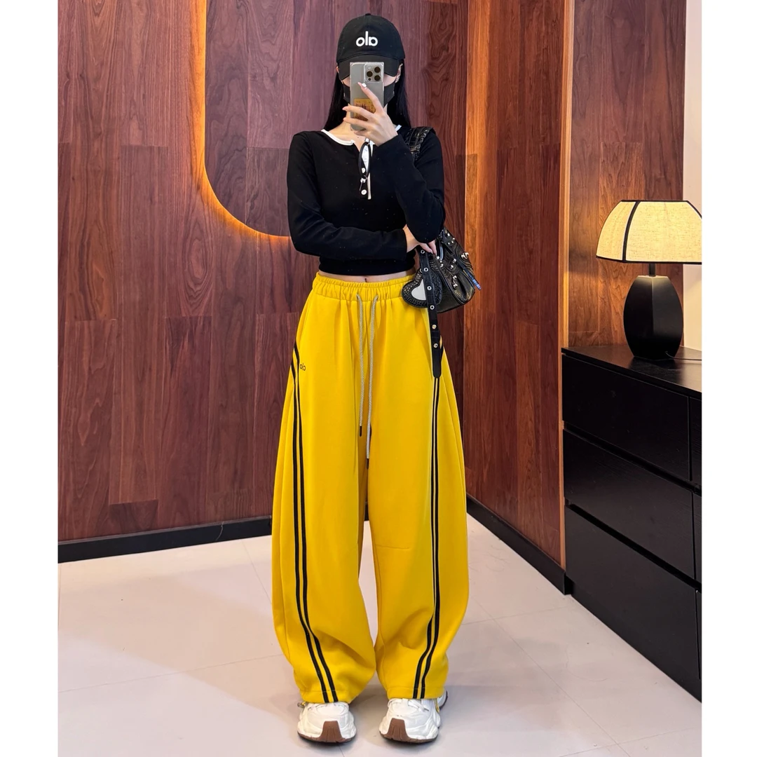 秋季新款双杠织带字母刺绣高高腰显瘦弯刀阔腿休闲裤