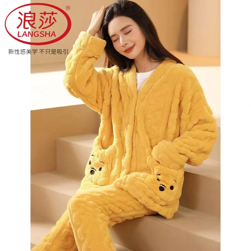 浪莎黄色小熊款家居服睡衣加绒加厚珊瑚绒开衫秋冬季2025年新款女