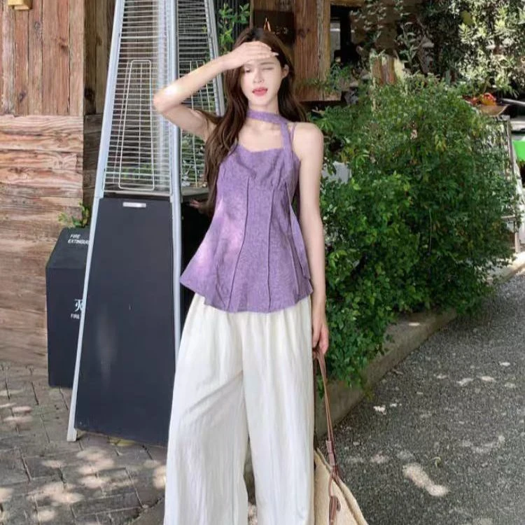 2025夏季新款韩系气质修身显瘦飘带挂脖提花吊带上衣女ins