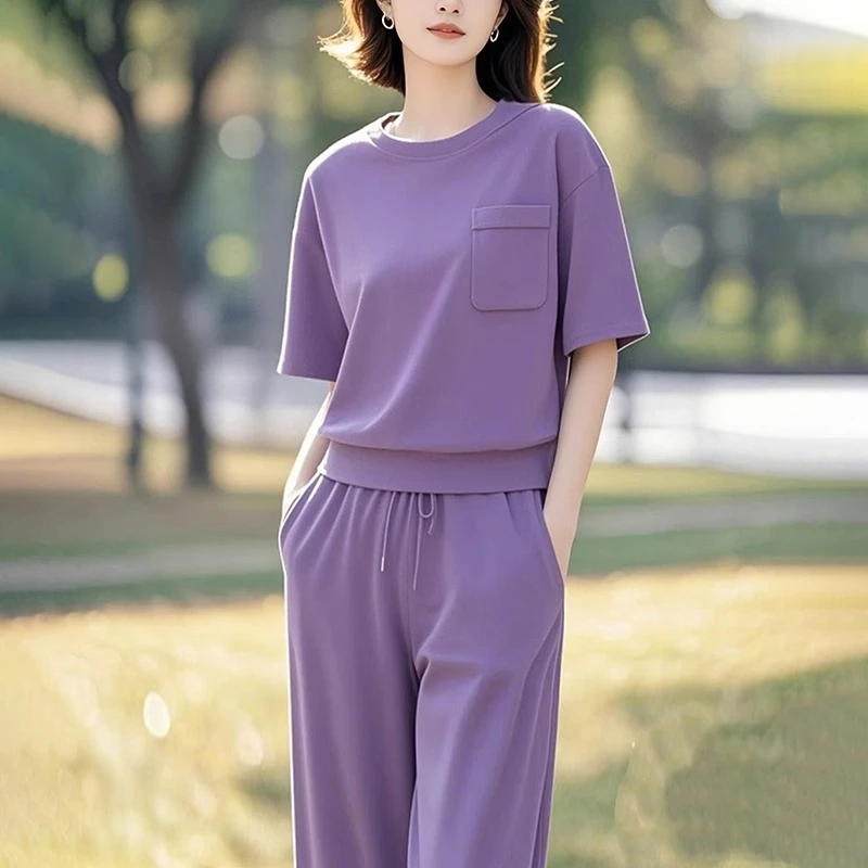 时尚休闲套装女士夏季2025新款宽松洋气短袖t恤高腰阔腿裤俩件套