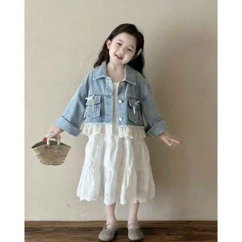 退货运补新款2025儿童春秋季韩版女童牛仔拼接蕾丝短款牛仔外套