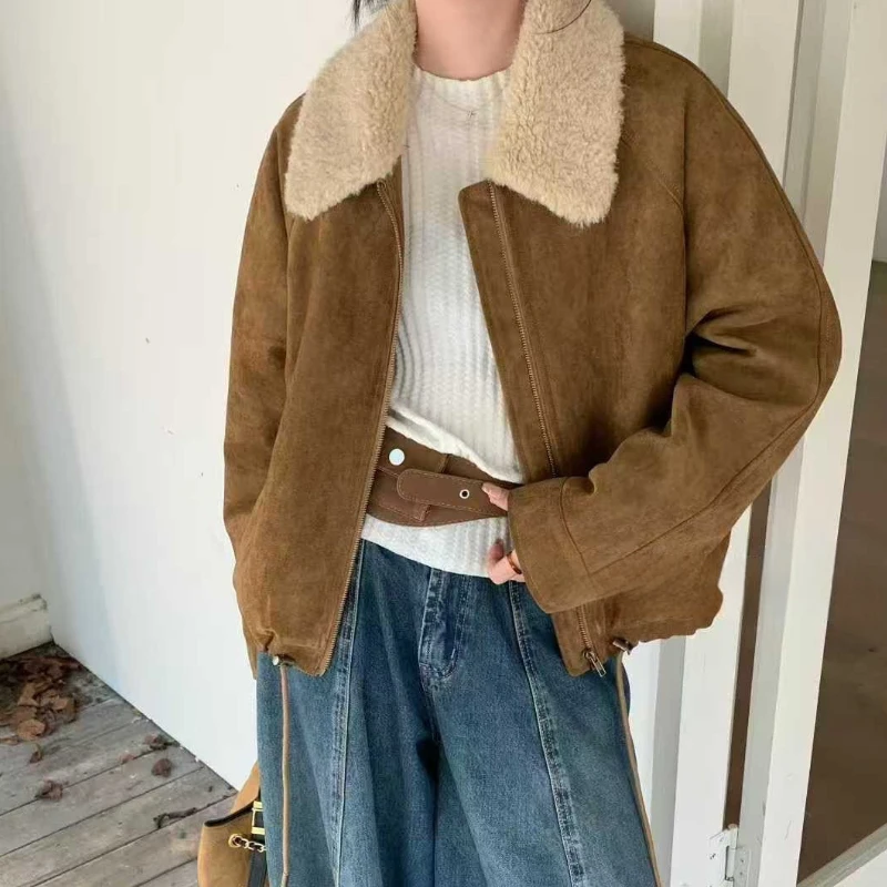 【运补5】高端欧货冬季高级感复古宽松下摆抽绳翻领麂皮绒加棉外套