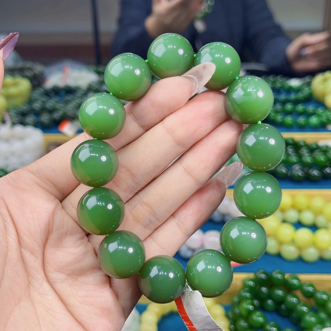 楼***德和田玉未镶嵌手链天然和田玉俄碧夹层料粉青手串17