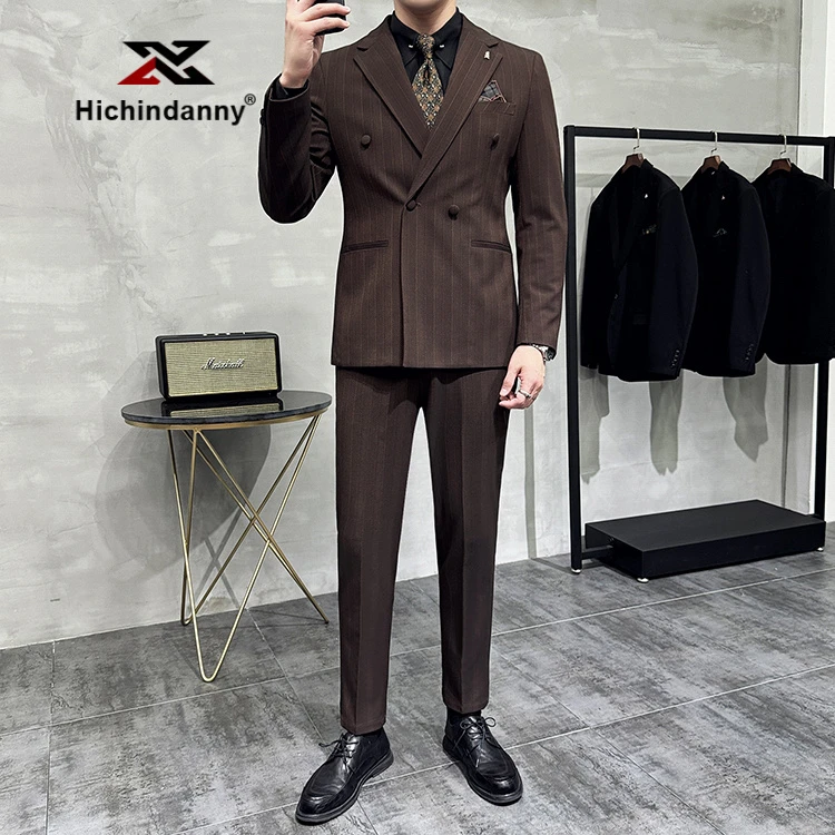 HICHIN条纹西装男套装高级感复古一粒双排扣新郎结婚西服三件套