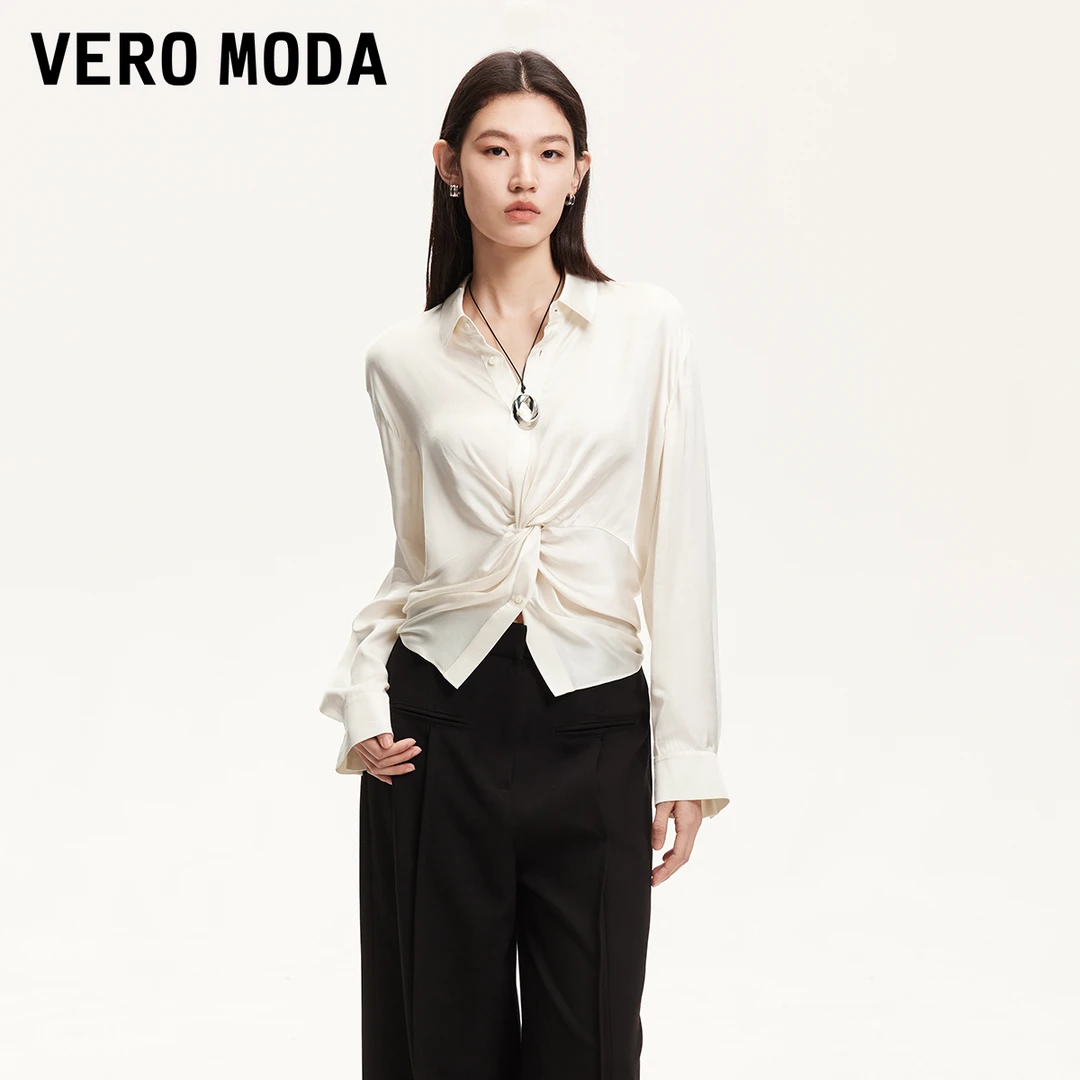 Vero Moda衬衫女2025夏日穿搭单排扣纽结光泽感上衣通勤325251009