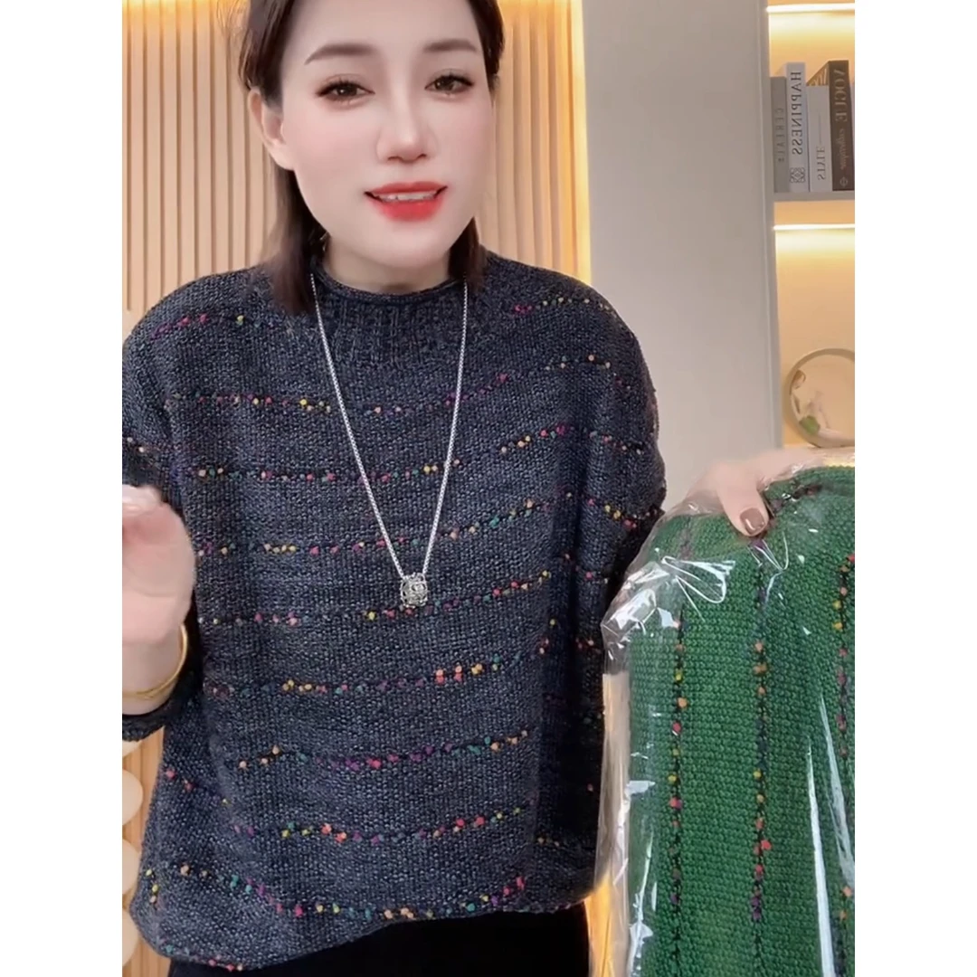 复古彩色点点设计半高领毛衣女长袖宽松百搭减龄针织衫显瘦上衣潮