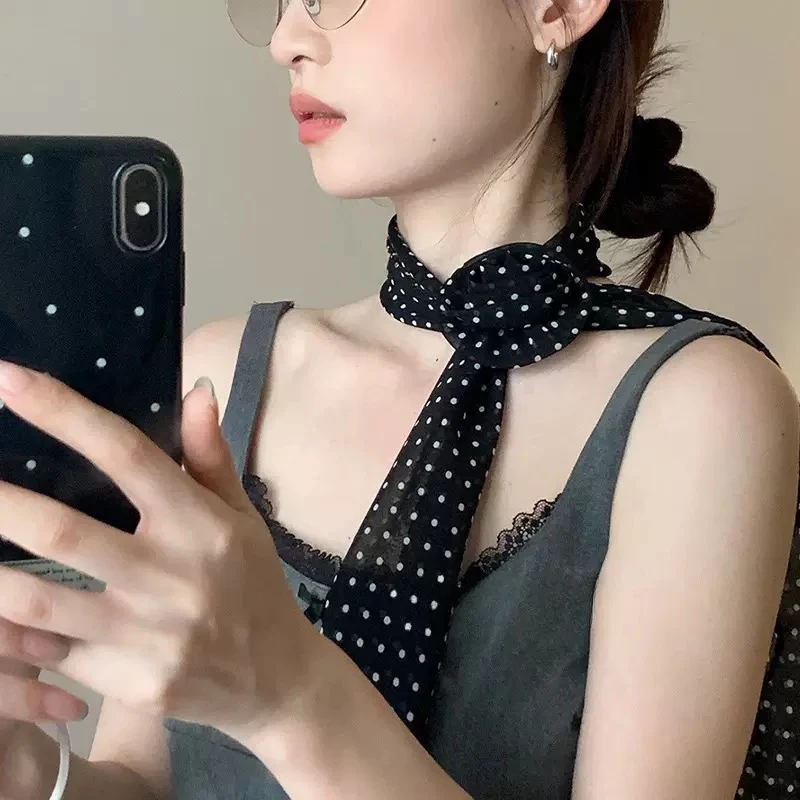 【浠儿姐姐】黑色长条波点丝巾玫瑰花新款高级感飘带领巾围巾发带