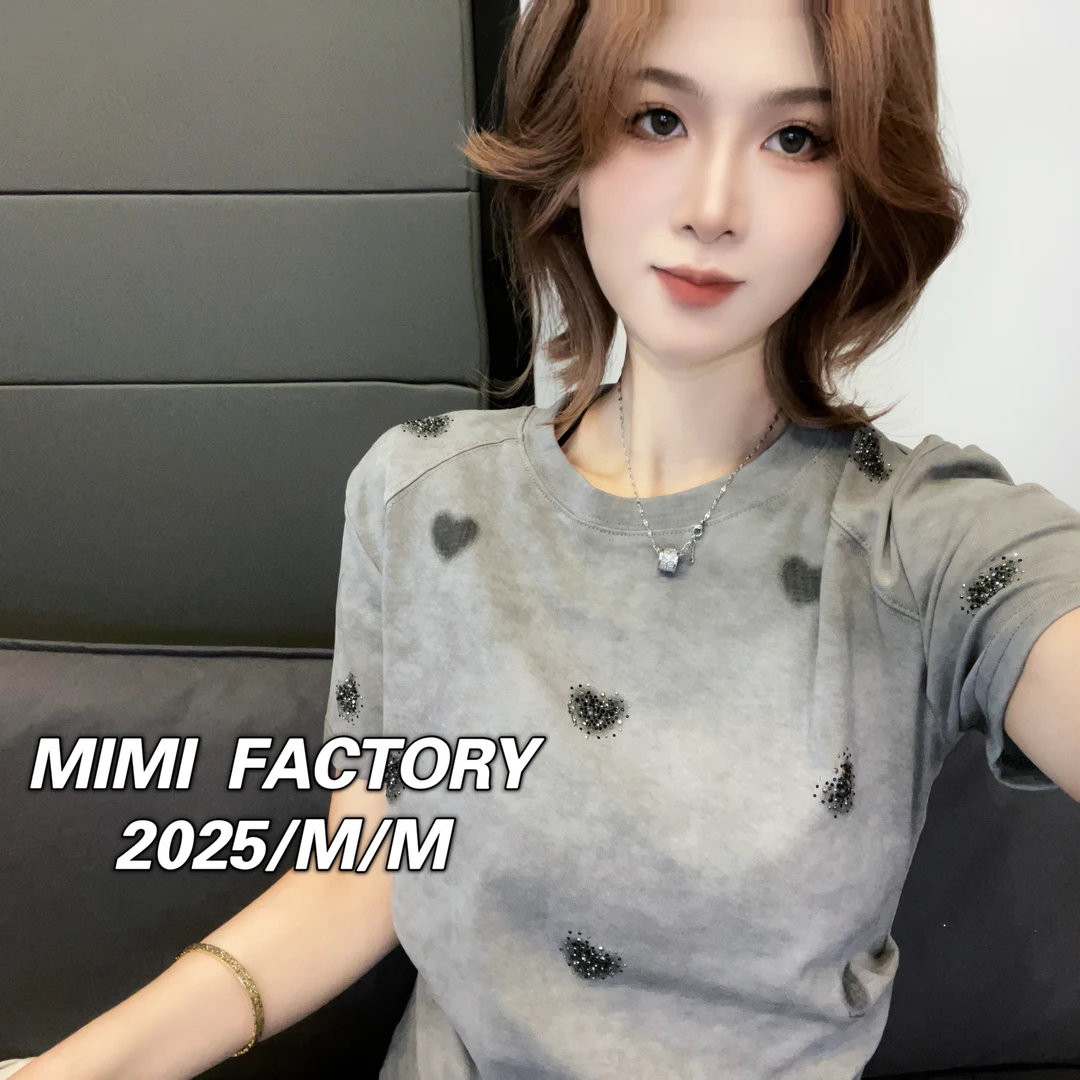芈芈 2025新款短袖 扎染爱心烫钻收腰设计T恤短袖女修身上衣#2721