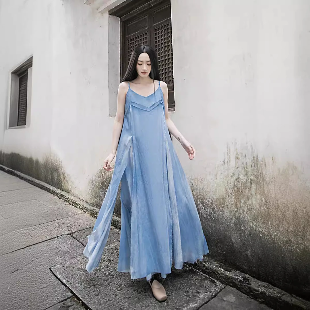 随性飘逸植物染毛边大摆长裙岚烟春夏季棉质气质连衣裙吊带裙裙子