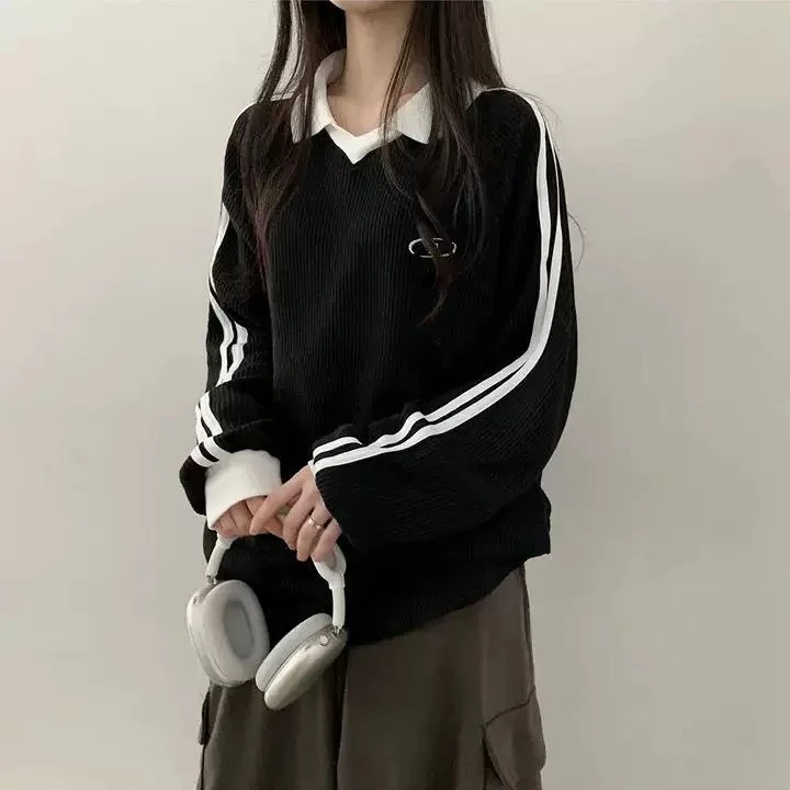 N4221华夫格韩版polo领复古薄款加绒卫衣女2025年新款春季
