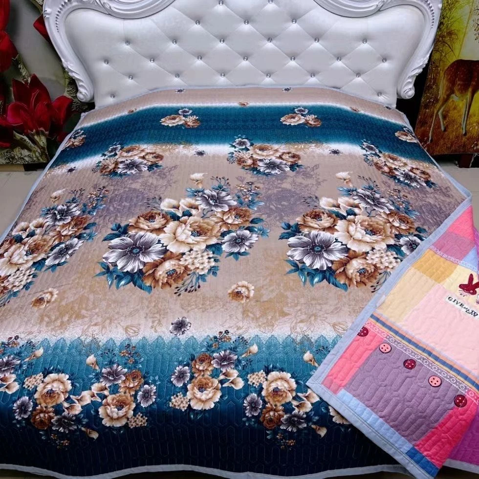 【蓝色妖姬方格小兔床盖】双面三层加厚夹棉防滑大床绗缝炕盖