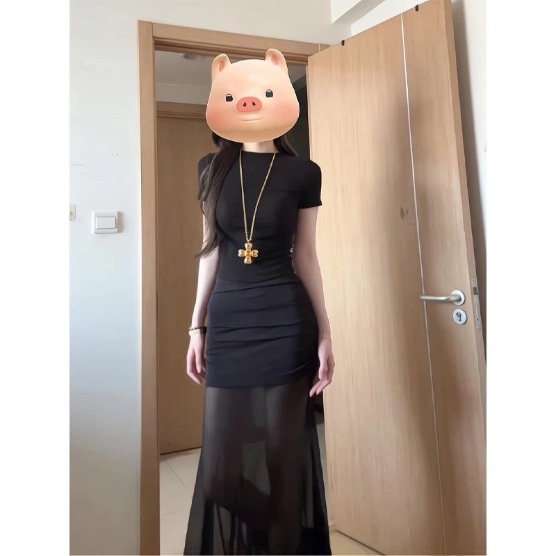 2025夏季正肩短袖t恤修身收腰上衣黑色网纱纯欲透视感半身鱼尾裙