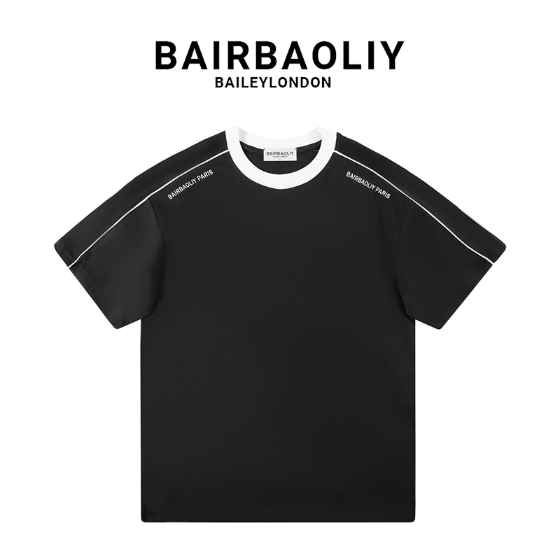 BAIRBAOLIY美式重磅线条拼接短袖T恤男女春夏宽松百搭ins情侣半袖