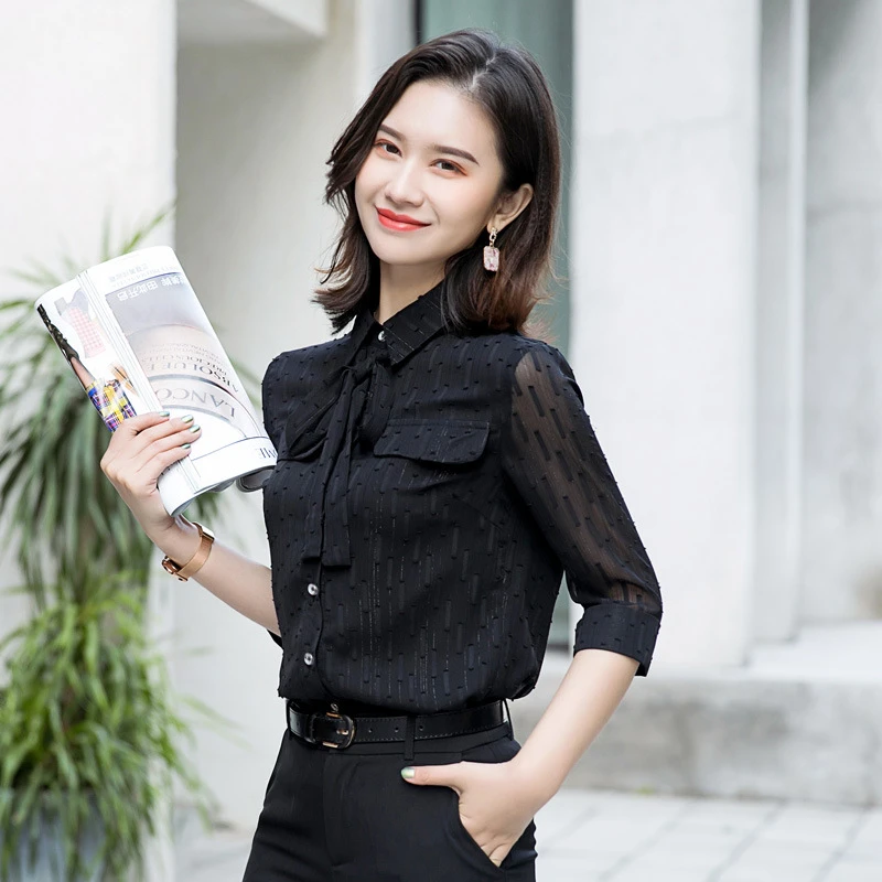 黑色雪纺衬衫女七分袖时尚洋气2025新款春夏韩版气质网纱中袖衬衣