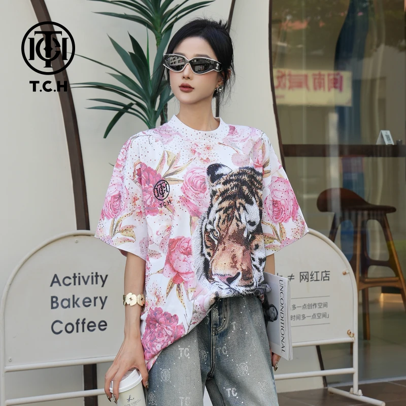 TCH私服烫钻工艺时尚休闲百搭气质重工T恤女T75C10E9006轻奢tch