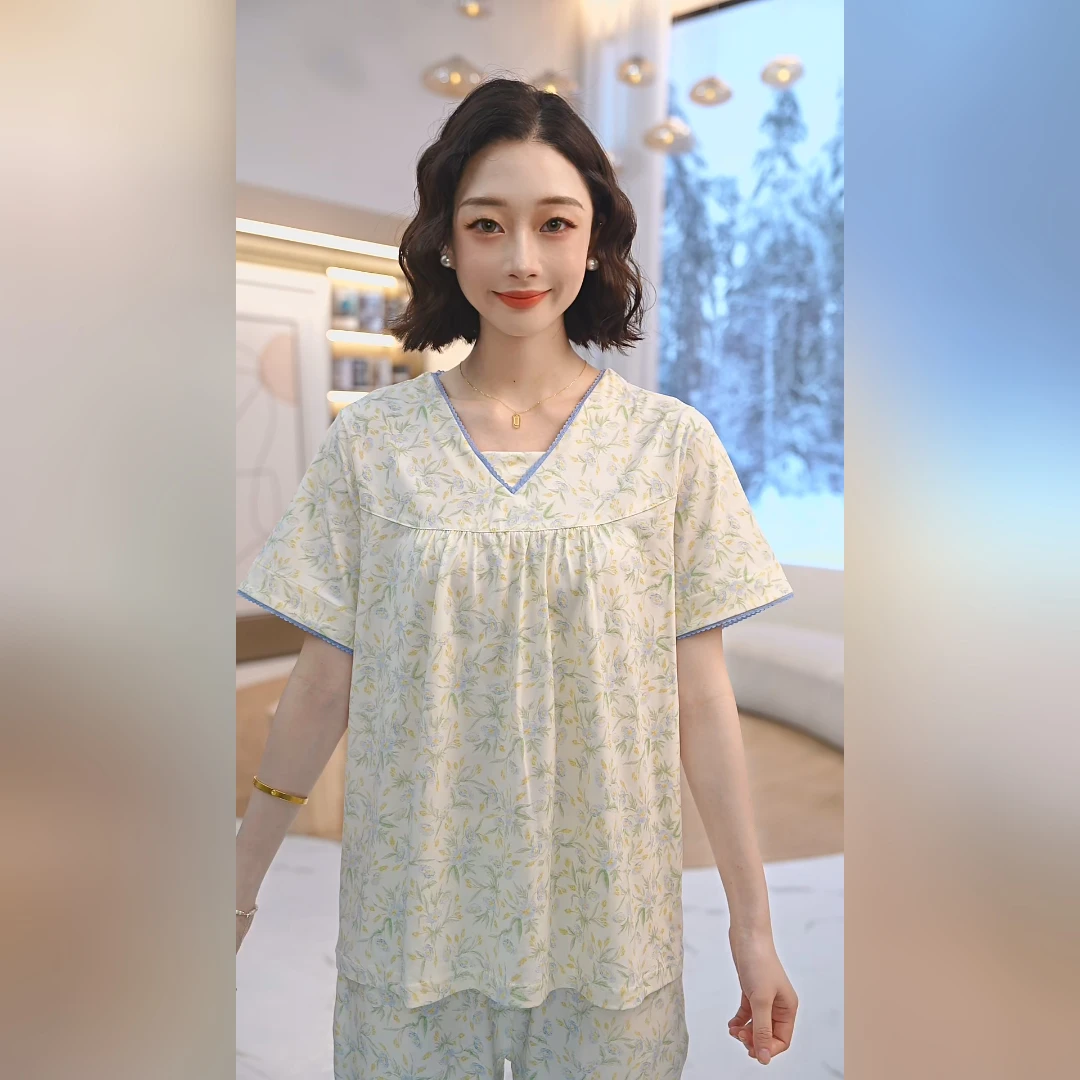 秋鹿凉感棉拉架印花V领短袖九分裤女套碎花夏季宽松QHAP275D