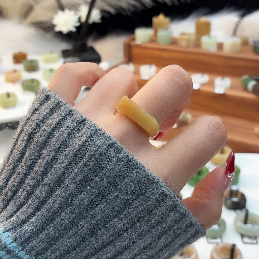 和田玉未镶嵌戒指i30金桔糖马鞍17.2mm