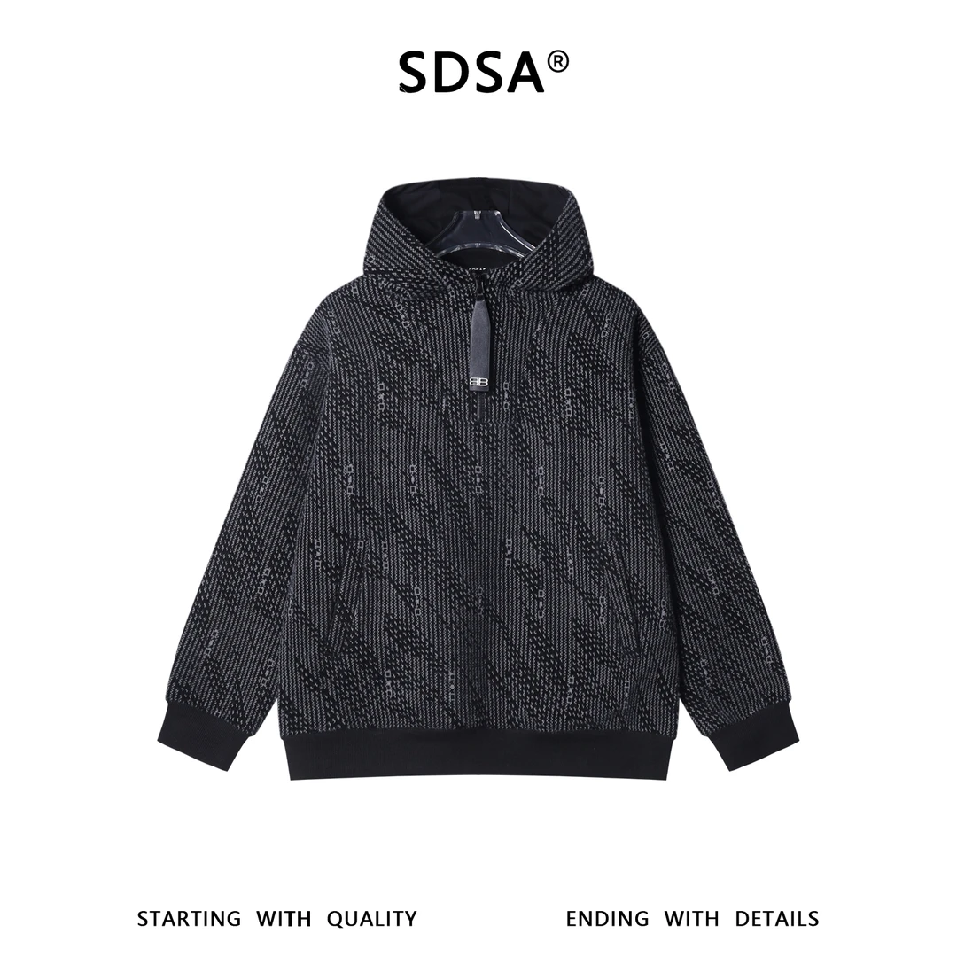 SDSA男士秋冬新款痞帅男装时尚简约撞色斜纹半拉链连帽卫衣百搭