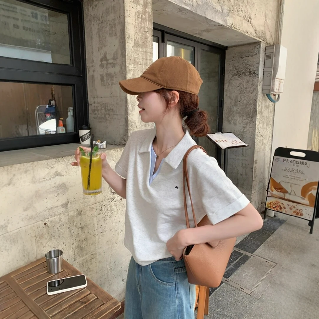 韩系别致撞色正肩假两件短袖POLO领T恤女夏季小个子短款翻领上衣