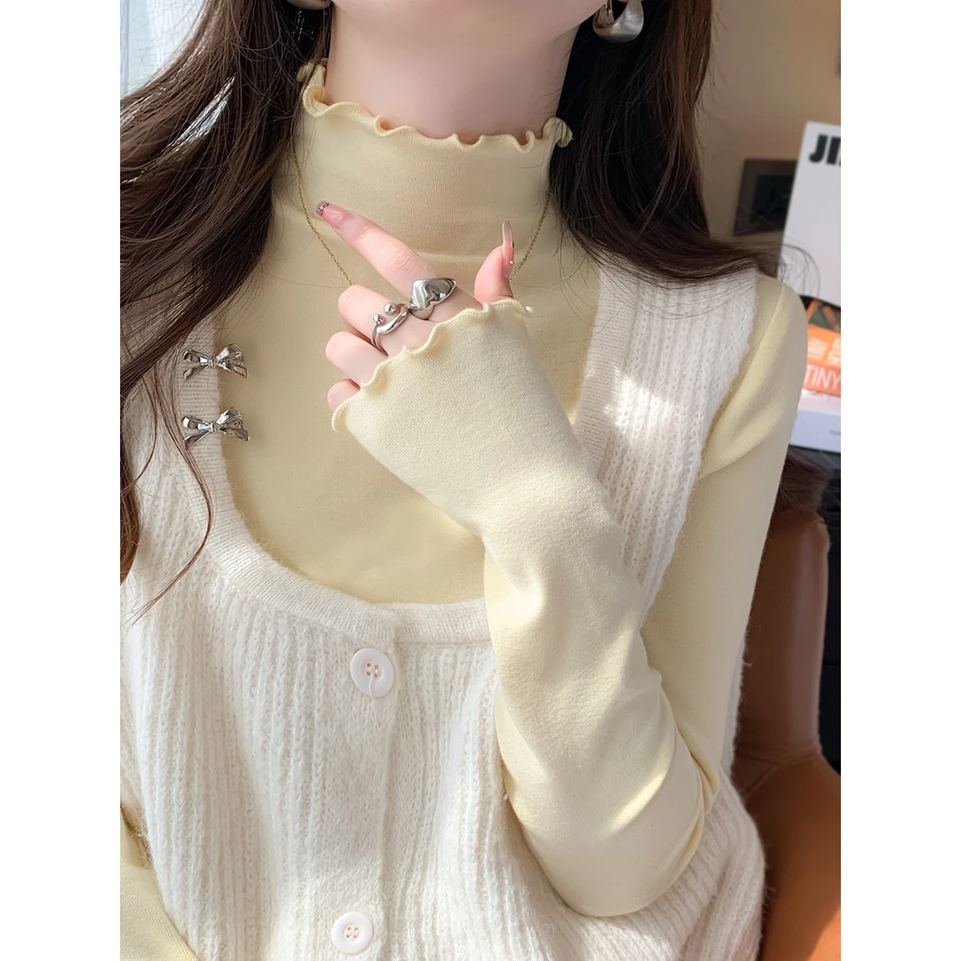 木耳边针织衫打底衫女半高领内搭春秋冬2024新款黄色长袖T恤上衣