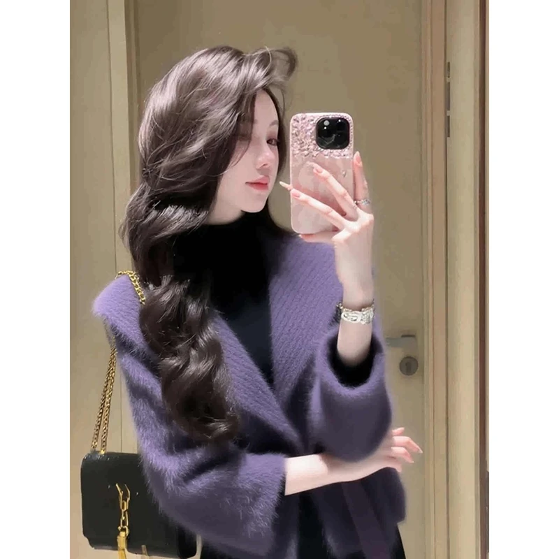 独特漂亮紫色女装秋冬轻熟气质名媛加厚百搭短款上衣保暖针织开衫