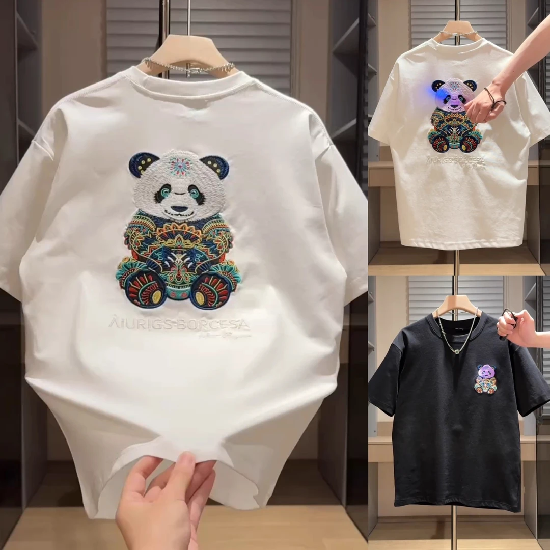 2025夏季新款潮牌男女款棉T恤短袖重工刺绣熊猫半袖宽松欧货男T恤