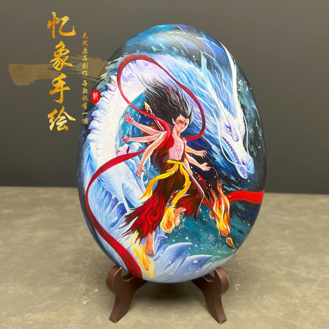 《哪吒》16x22cm手绘石头画摆件