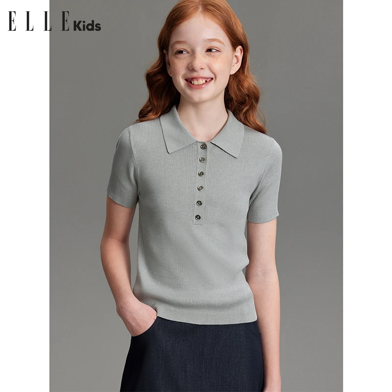 ELLE KIDS 修身显瘦短袖针织衫女儿童夏季新款POLO领套头上衣A3