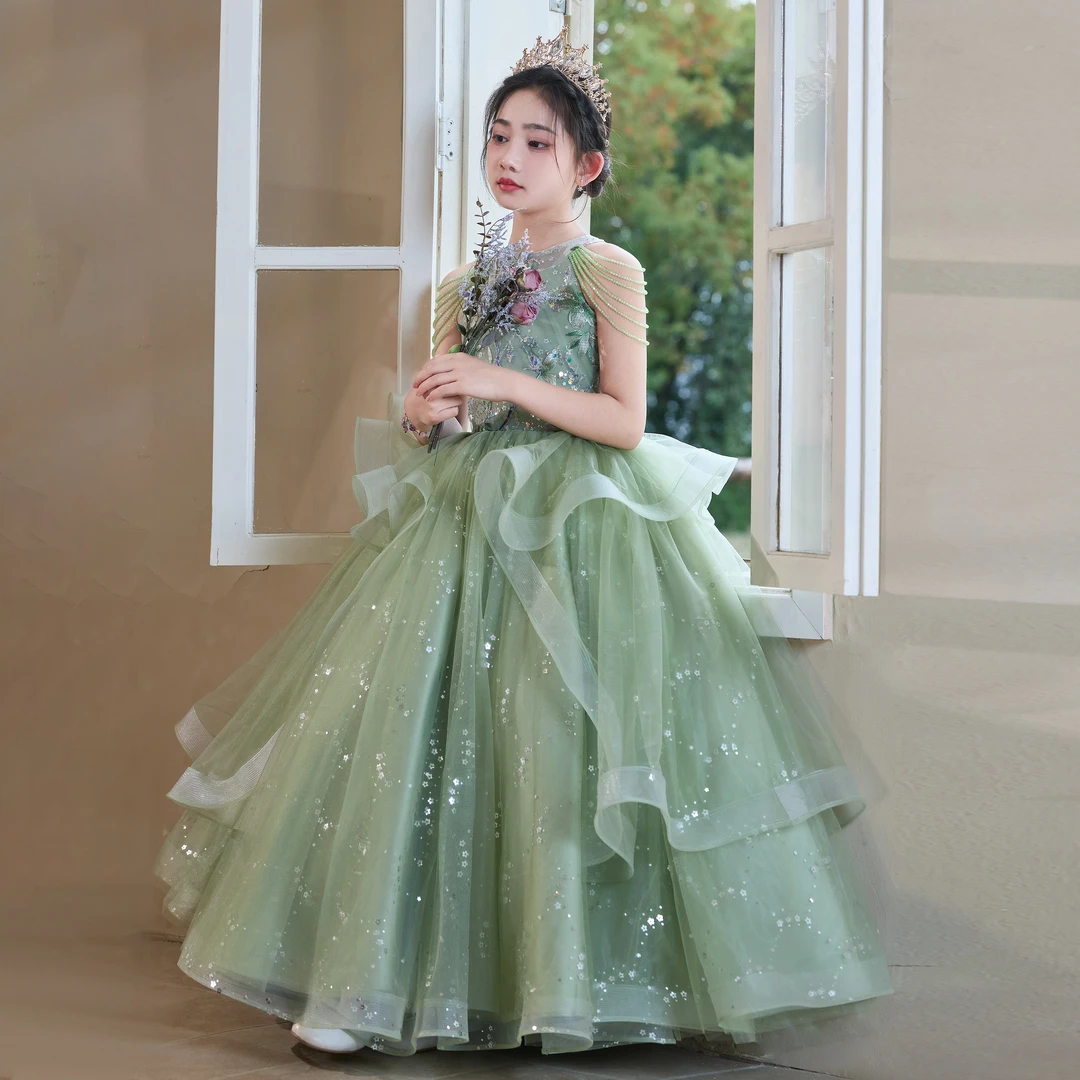 儿童绿色晚礼服女童公主裙花童生日礼服主持人女孩钢琴演奏演出服