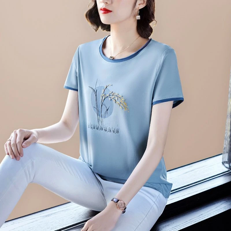 刺绣印花莫代尔t恤女夏季圆领短袖体恤棉中年妈妈减龄休闲上衣薄